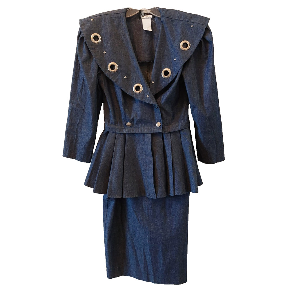 Vtg Denim Peplum Double Breasted Blazer & Retro Pencil Skirt Suit, Women's‎ Sz 6